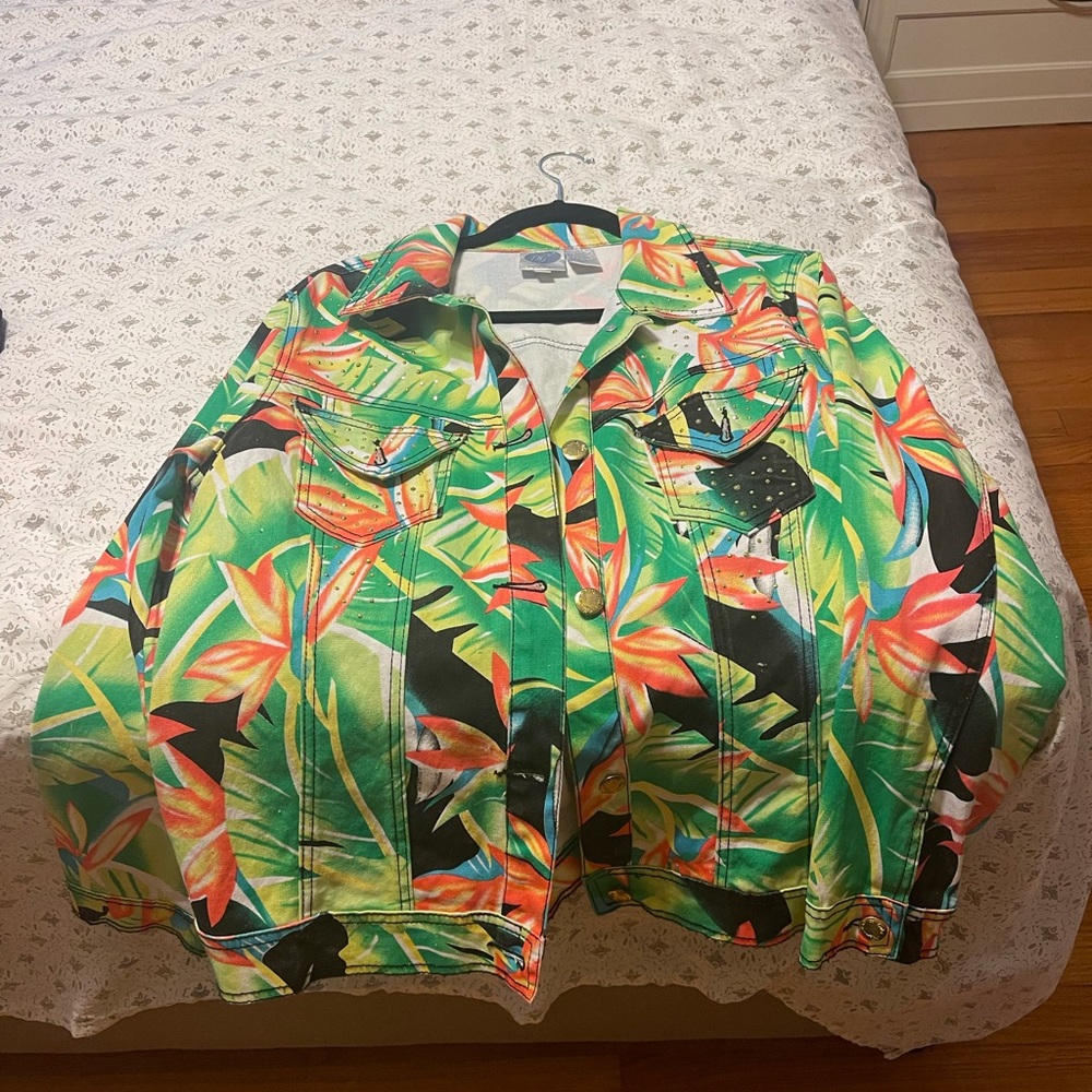 Topical Palm Print Oversized Trucker Jacket, Large